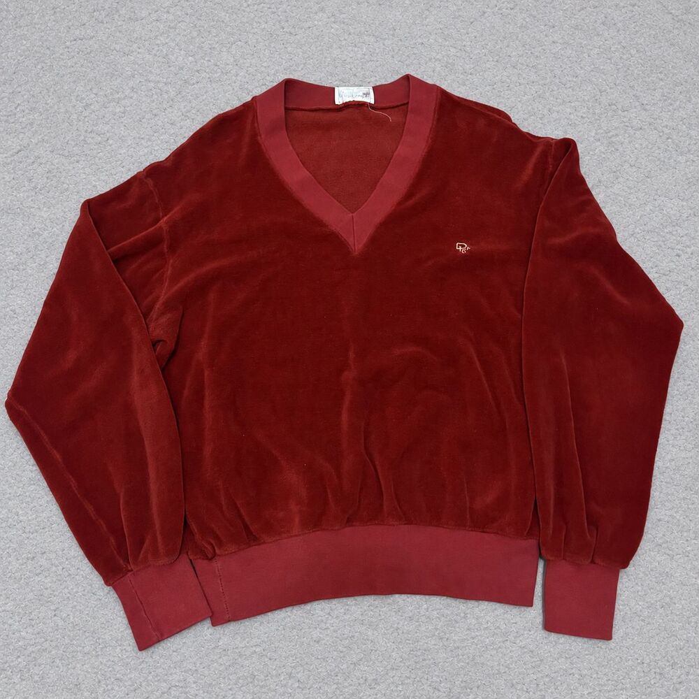 Vintage Christian Dior Velour Pullover Sweater Red V Neck Embroidered Logo Small